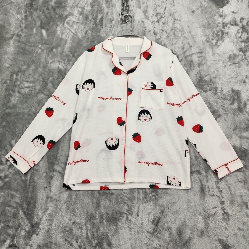 Pajama Set Womens 4 White Red Strawberry Button Front‎ Long Sleeve Two Piece - Picture 2 of 15